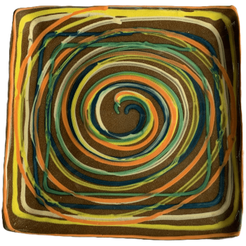 Beige background, many colorful swirls.