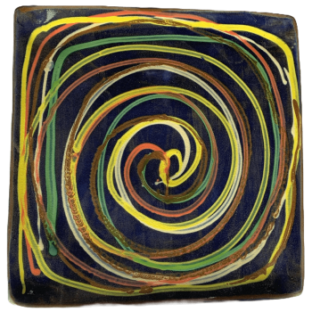 Square pottery design with blue background, many colors of swirls.