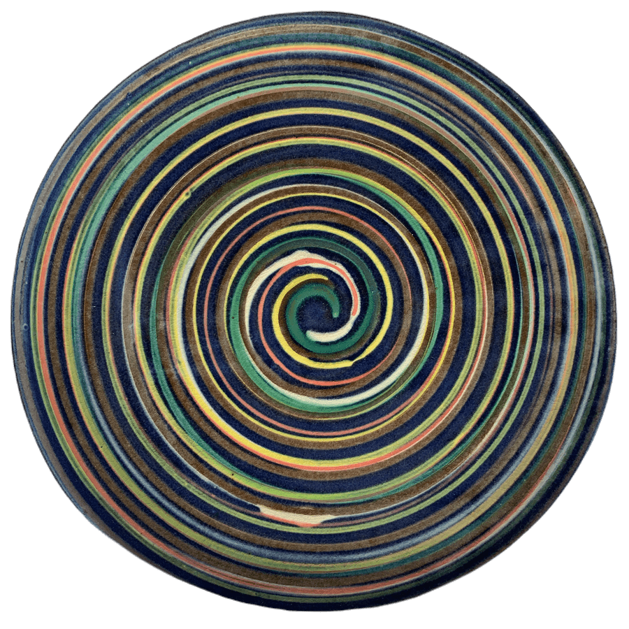 Round pottery design with blue background, many colors of swirls.