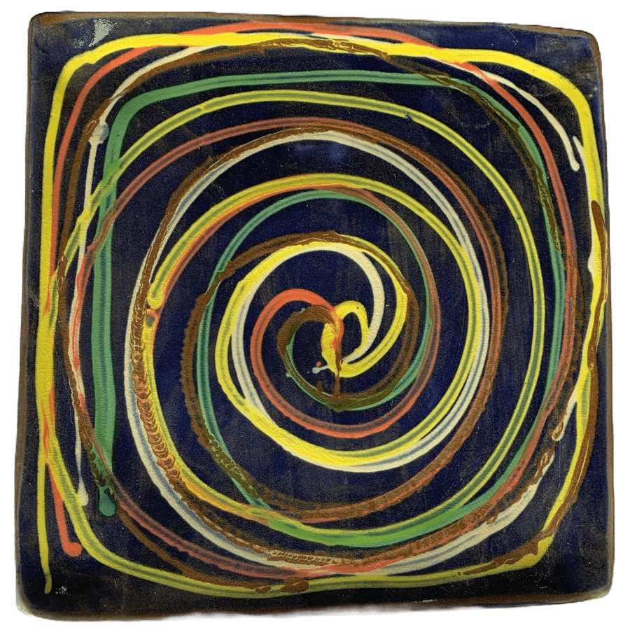 Square pottery design with blue background, many colors of swirls.