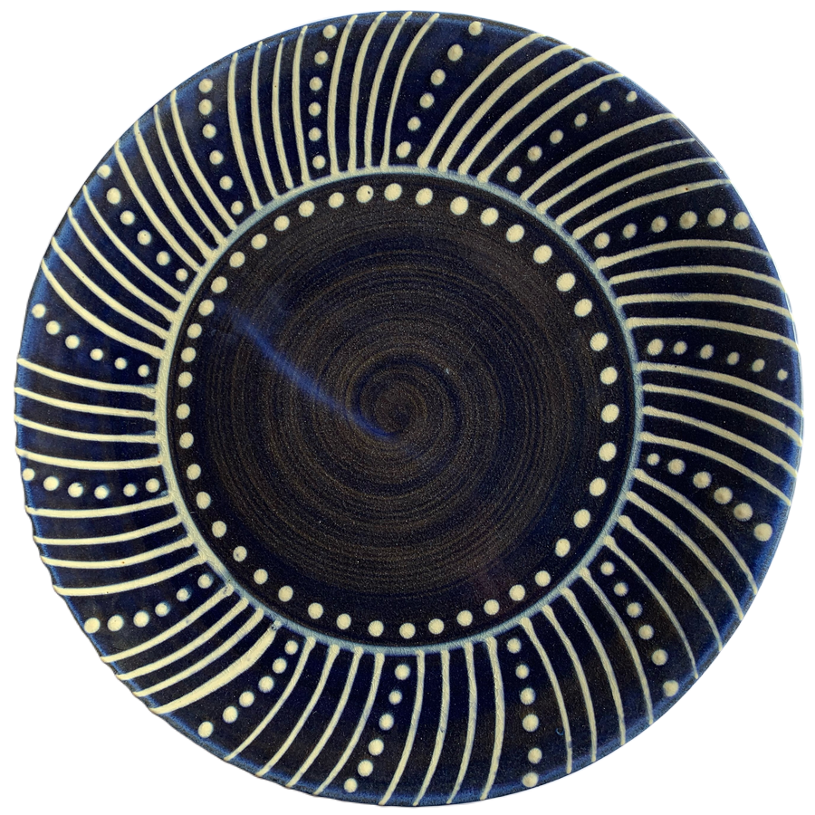 Pottery design with blue with white anemone designs.