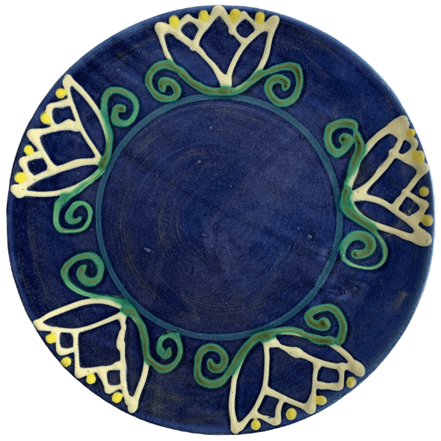 Pottery design with blue background with tulip design.