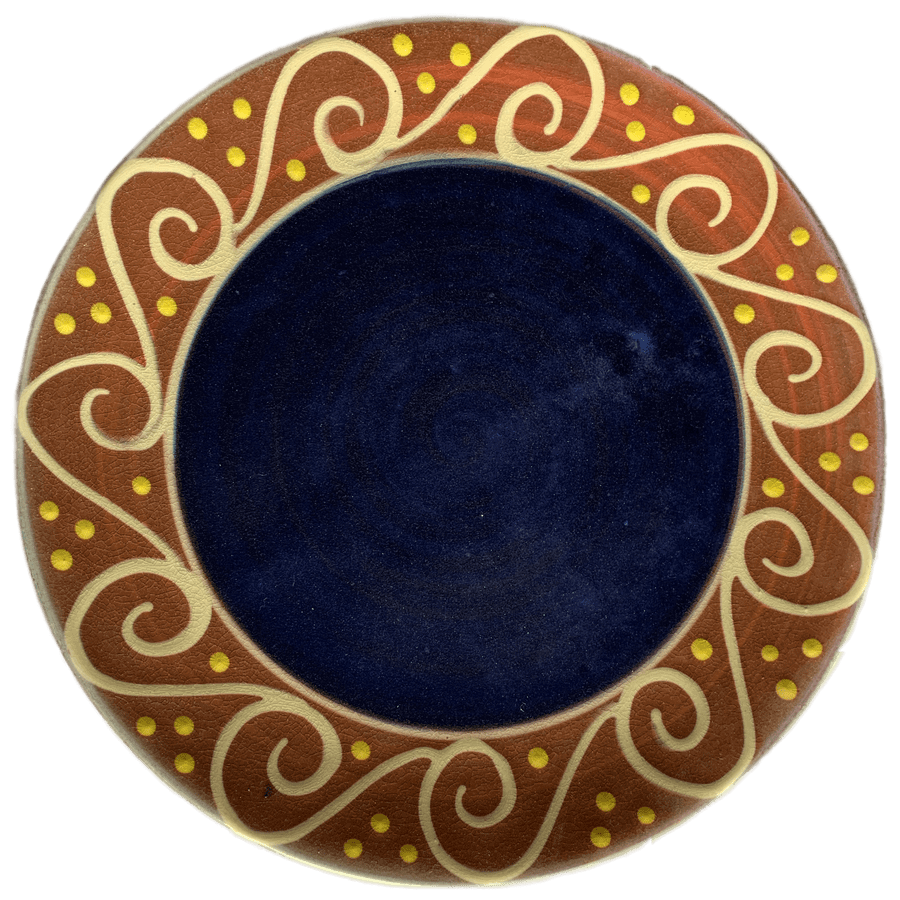 Round ceramic pottery design with blue centre, watermelon outer band with white waves.