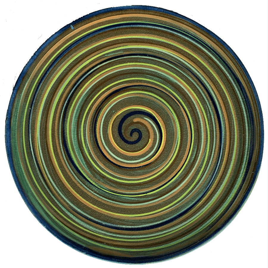 Round pottery design with green background with many colors of swirls.