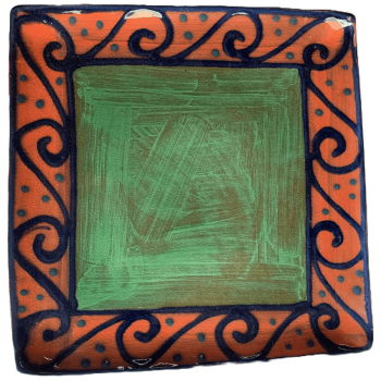 Square pottery design with green centre, watermelon outer band with blue waves.