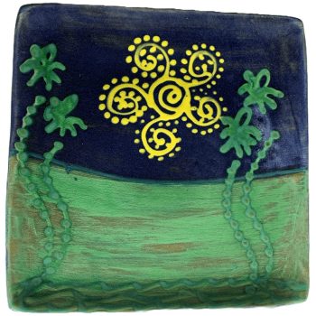 Square ceramic pottery design with evocative sun and palm tree design.