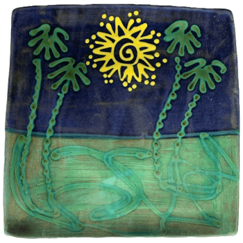 Square pottery design with sun and palm tree pattern.