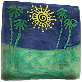 Square pottery design with spiky sun and palm tree pattern.